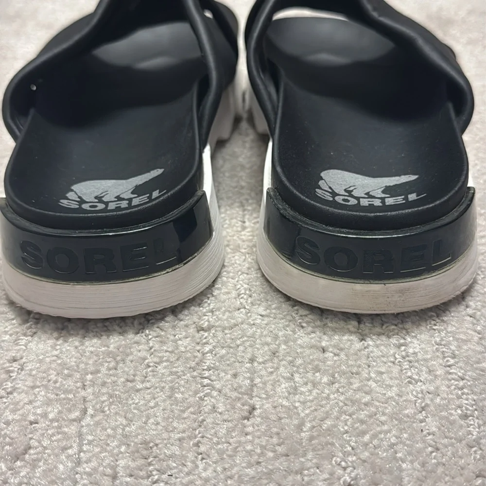 Sorel Black and White Platform Slide Sandals